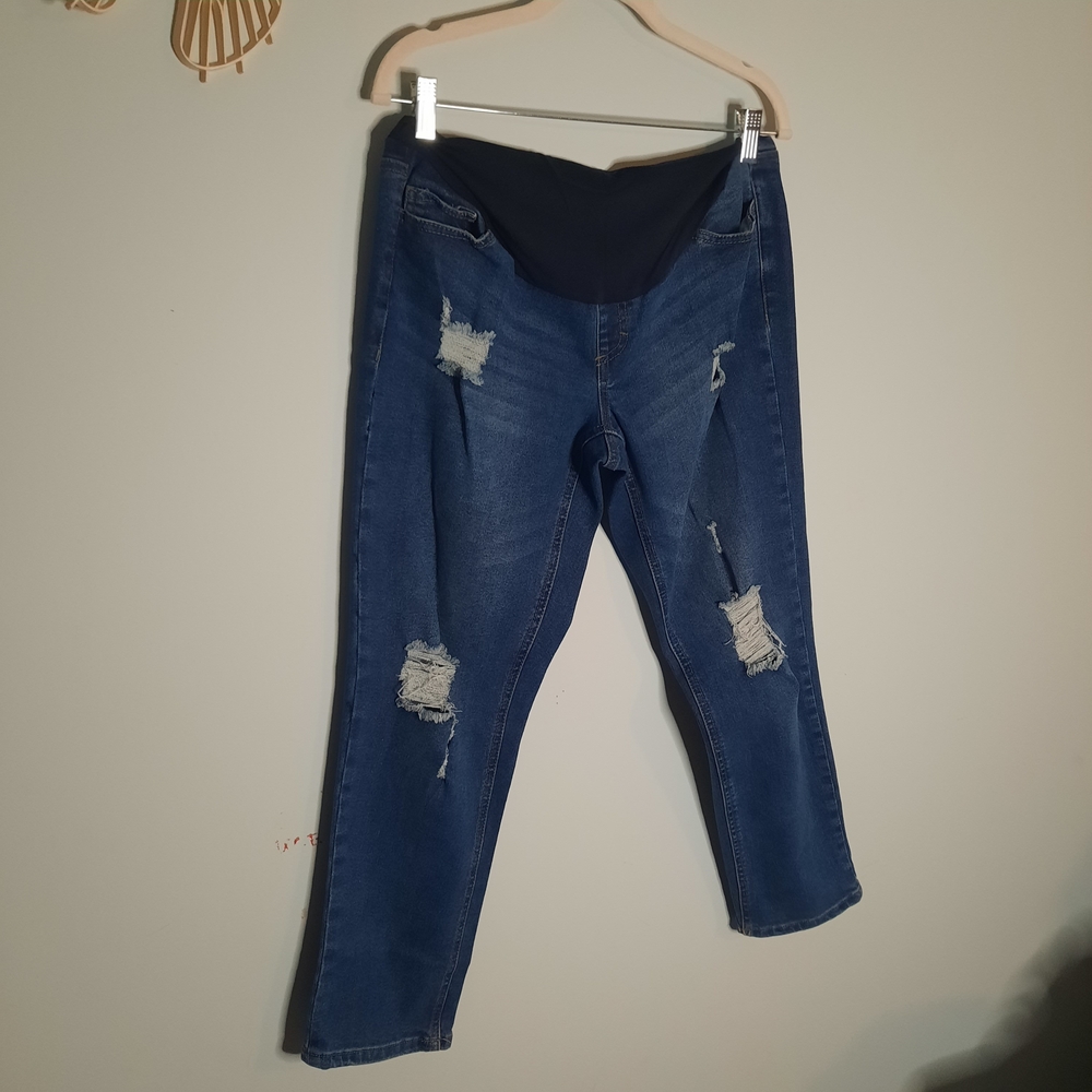 Dark Blue Distressed Maternity Skinny Jeans with Stretchy‎ Waist/Belly, Sz 4-6